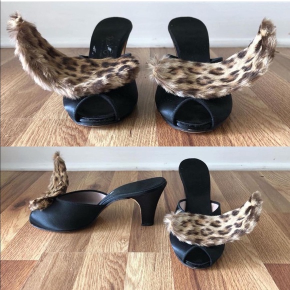 Vintage Shoes - Vintage 1940s 1950s Daniel Green mules slippers black satin and fur